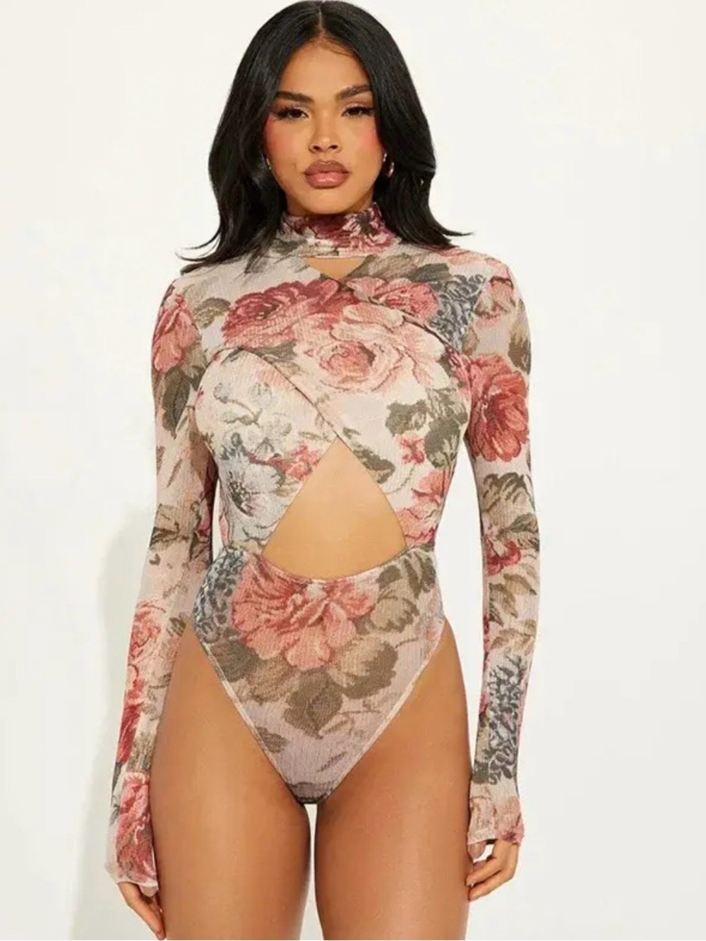 Fashion Nova Pink Floral Long-Sleeve Cutout Bodysuit